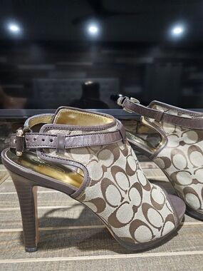 Coach Signature Canvas Peep-Toe Slingback Heels in Brown